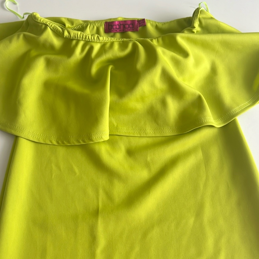 Lime Green Off shoulder Boohoo dress strapless